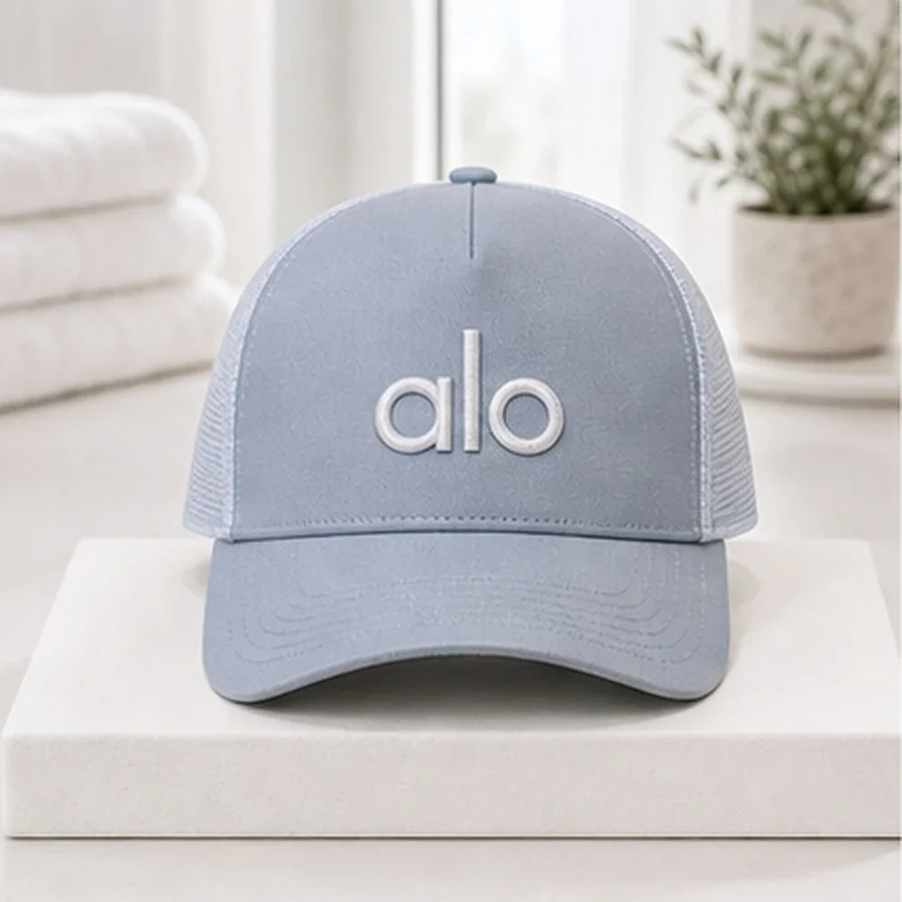 ALO Yoga Mist Blue Gray Clean Mesh Trucker Cap Hat OS